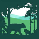 HLT logo depicting a mama bear and her cub framed by trees in silhouette in the foreground, and a view of three hills in the background.