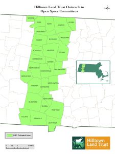 Map depicting the area in which Hilltown Land Trust will be doing outreach. Includes towns in western Franklin, Hampshire, and Hampden counties.