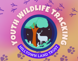 Text "Youth Wildlife Tracking" and "Hilltown Land Trust" circle around a central flat cartoon of a deer and rabbits underneath a green tree. In the background are purple bird and canine tracks crossing over a pink and orange gradient background.