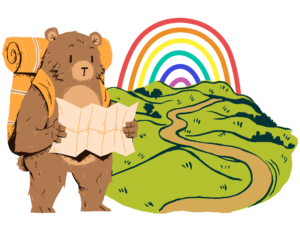 A cartoon bear wearing a yellow backpack reads a map. In the background are rolling cartoon green hills framed by an abstract line-art rainbow.