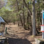 A map kiosk and hanging "Petticoat Hill" sign frame the entrance to a wide uphill hiking trail.