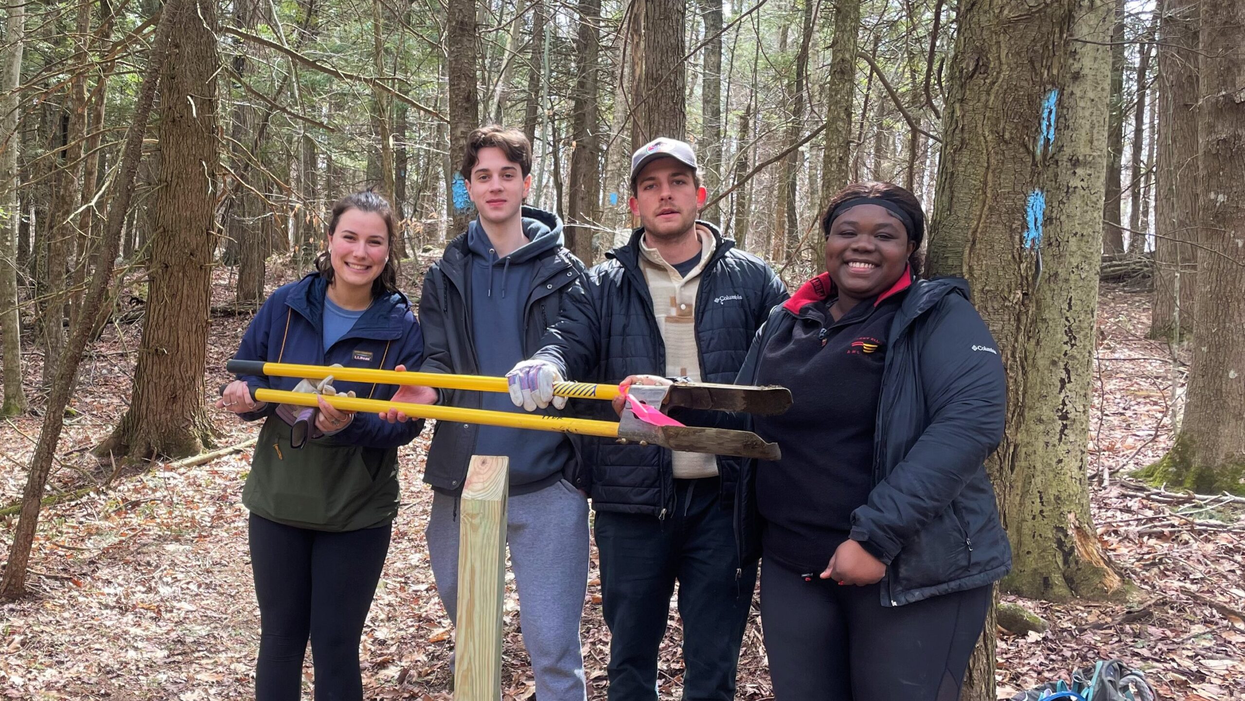 A group of four smiling college students pose behind a post in the ground, holding the post hole digger they used to make the hole. They are surrounded by forest.