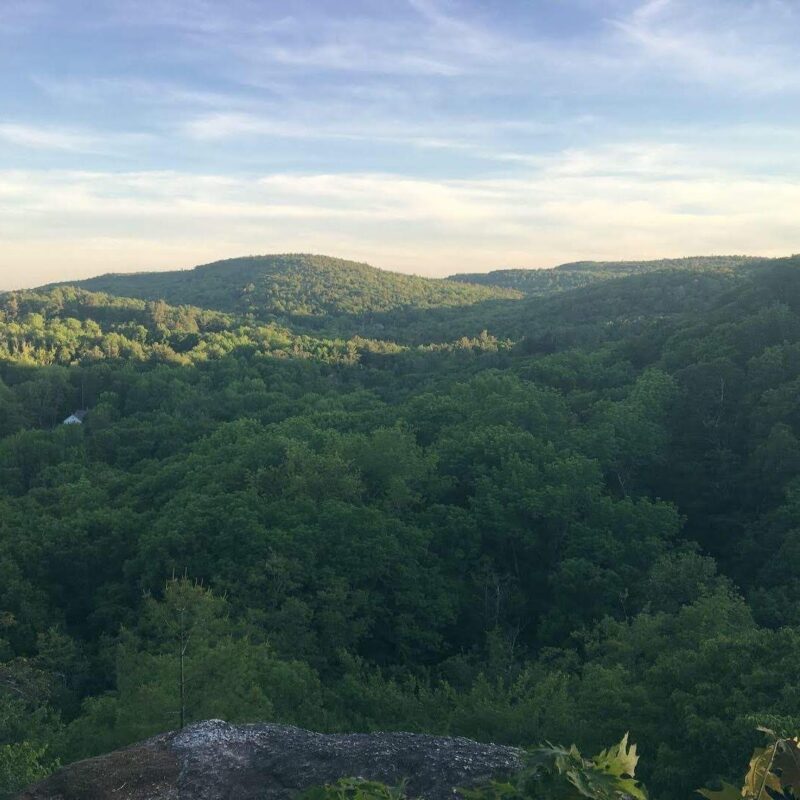 Last rays of light illuminate a green forested ridge as the sky turns from blue to yellow.