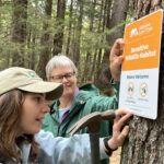 Mariel and Sally nail a Sensitive Wildlife Habitat sign to a tree.