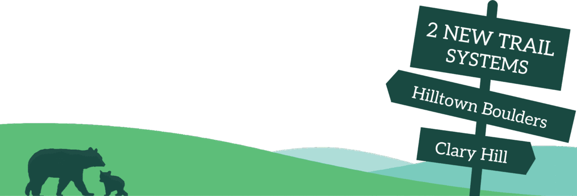 The HLT logo bears in front of stylized green hills, with a graphic of a trail sign saying "Two new trail systems: Hilltown Boulders and Clary Hill."
