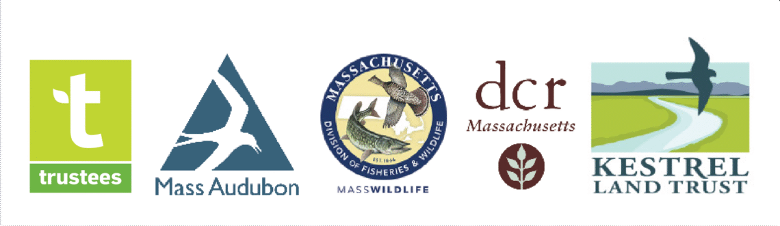 The logos of The Trustees, Mass Audubon, MassWildlife, DCR, and Kestrel Land Trust.