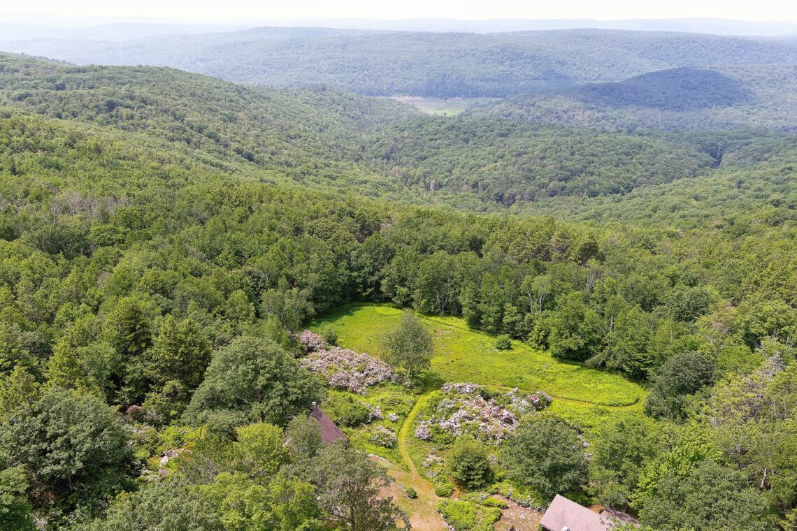 A bird's-eye photo of a lush green hilly landscape, with a bright green meadow in the center and blue hills stretching into the distance.