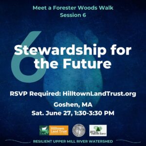 "Stewardship for the Future" event square, with the text "Meet a Forester Woods Walk Session 6, RSVP Required: HilltownLandTrust.org. Goshen, MA Sat. June 27th, 1:30-3:30 pm." Below are the logos for Hilltown Land Trust, the town of Williamsburg, and Bay State Forestry, followed by the text "Resilient Upper Mill Watershed."