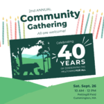 A birthday themed graphic with candles and the text "2nd annual Community Gathering, All are welcome! Celebrating 40 years of conserving the Hilltowns for all. Saturday, Sept 26, 10 AM to 12 PM. Pettingill Field, Cummington MA."
